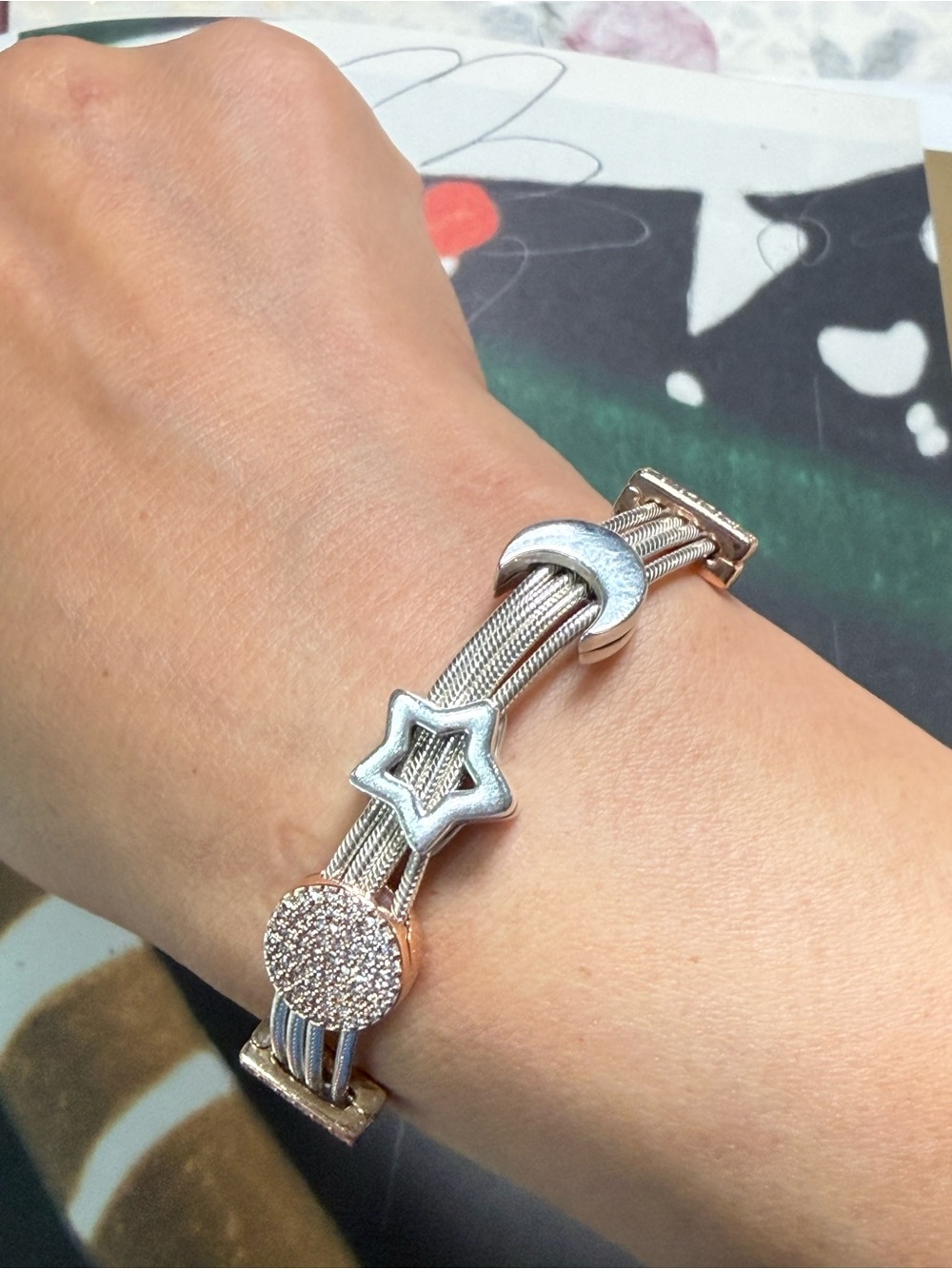 Pandora Silver and Rose Gold Star Moon Charm Bracelet